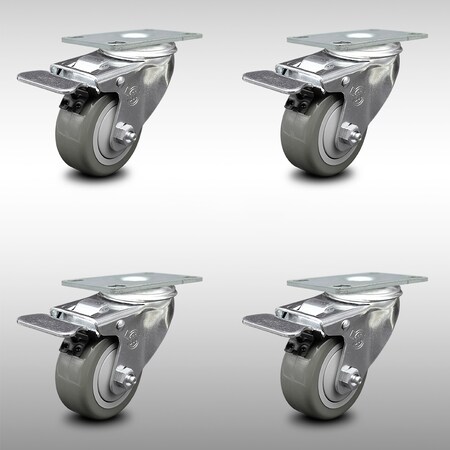 Service Caster 3.5 Inch SS Gray Polyurethane Top Plate Caster Set Total Lock Brake SCC SCC-SSTTL20S3514-PPUB-4